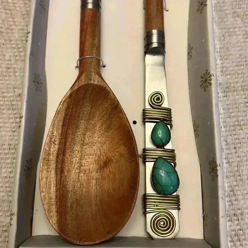 Tiramisu Turquoise Bead Embellished Wood Salad Server Set NIB